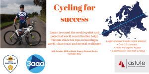 Leigh Timmis round the world cyclist and adventurer will be speaking at Astute Recruitment's Business Breakfast on 18th Oct 2018 at Derby's iconic 3AAA County Ground