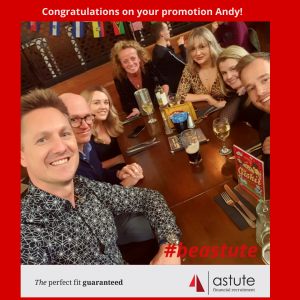 Astute Recruitment's Andy Lilliman with our team celebrating his promotion from Senior Qualified Consultant to Business Manager!