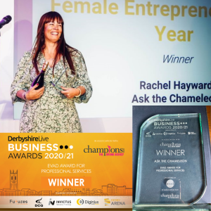 Rachel Hayward and some of her business awards in 2021